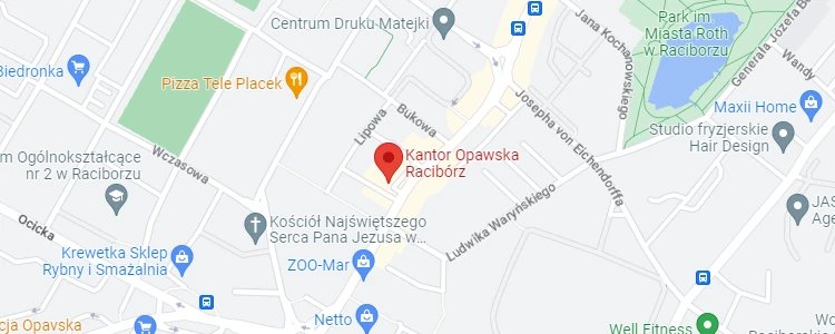 Położenie kantor MAX na Opawskiej w Raciborzu.